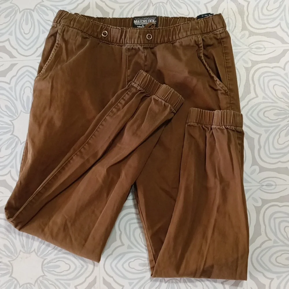 Mens Pants Brown green shade sz 30 Sm med stretch waist cuff Athletic lounge b62